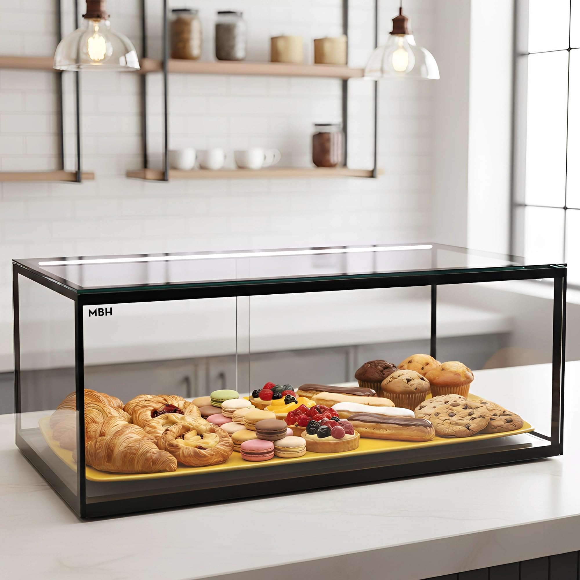 MBH - Neutrale Aufsatzvitrine 55x33 cm, gerades ESG-Sicherheitsglas, 1 Etage, mit LED-Beleuchtung, rückseitige Schiebetüren, für Bar, Café, Restaurant, Gebäck und Konditorei.