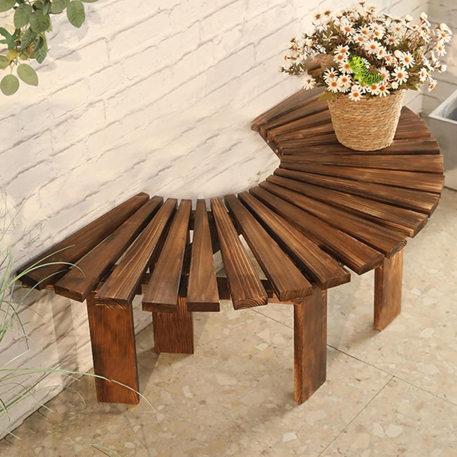 屋外用ラップアラウンドツリーベンチ、背もたれのない木製公園用チェア