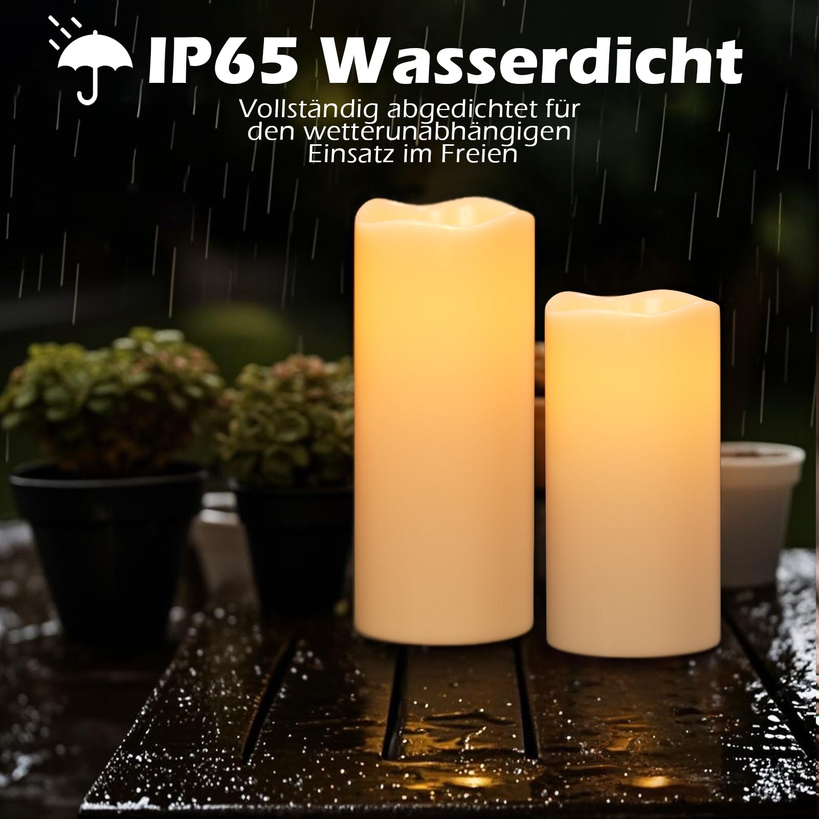Eldnacele Solar LED Kerzen für Außen, SolarKerzen Outdoor, Wasserdichte Solarleuchte, Akku, Campinglampe Flammeneffekt, Flackerlicht, Dämmerungsschalter AUTO, Creme, 2 Stück