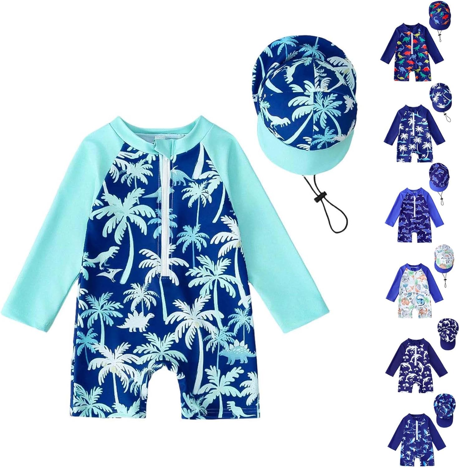 Toddler Baby Boy Swimsuit with Sun Hat Long Sleeve Zip Up Swimwear Printed Swimming Suit Beach One Piece Bathing Suit