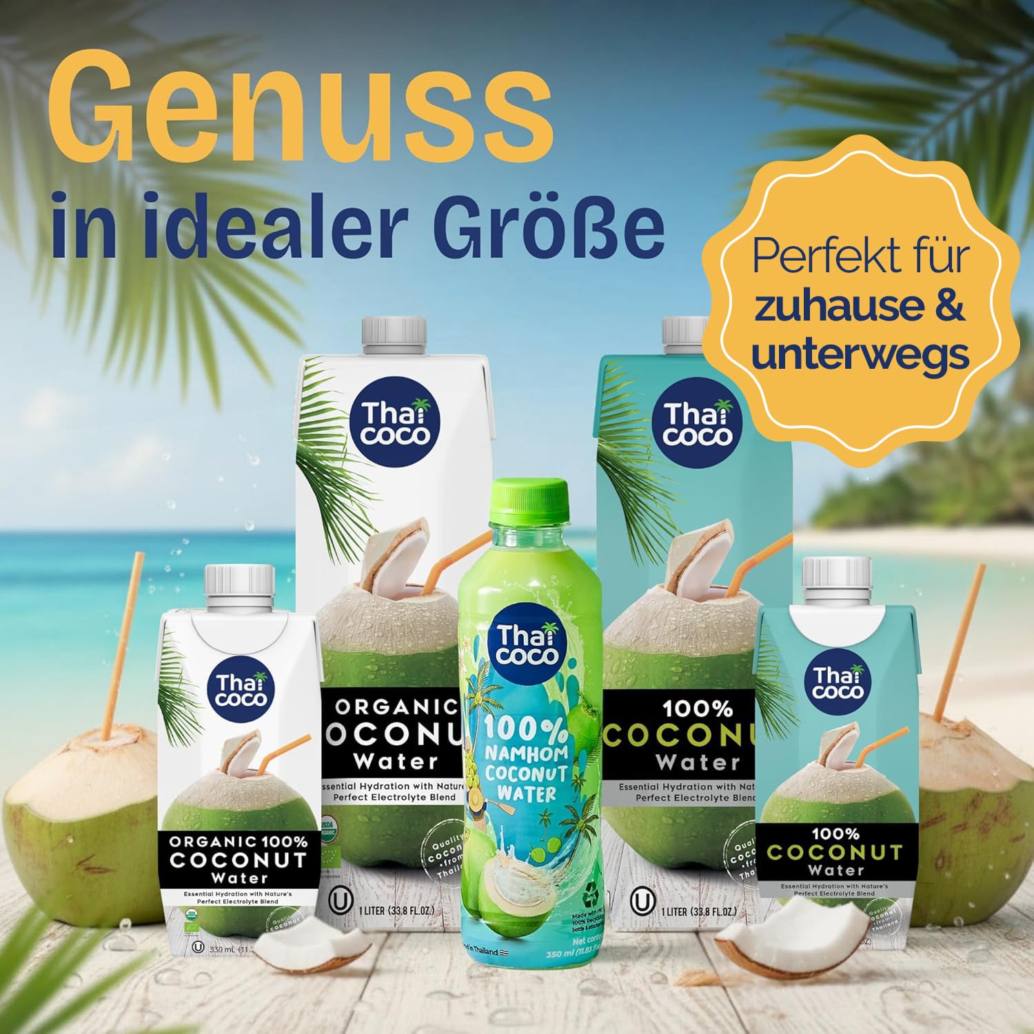 Thai Coco 100% Pures Kokoswasser 6x1L, aus Thailand – Natürliches Coconut Water mit Elektrolyten – Ohne Zuckerzusatz & Ohne Konservierungsstoffe – Hydration Getränk für Sport & Alltag