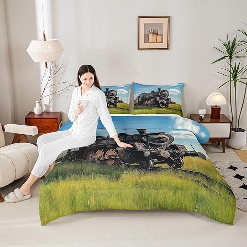 Miniatura 4 de Erosebridal Juego de edredón de tren tamaño individual, juego de ropa de cama retro con motor de vapor para niños y adolescentes, juego de edredón
