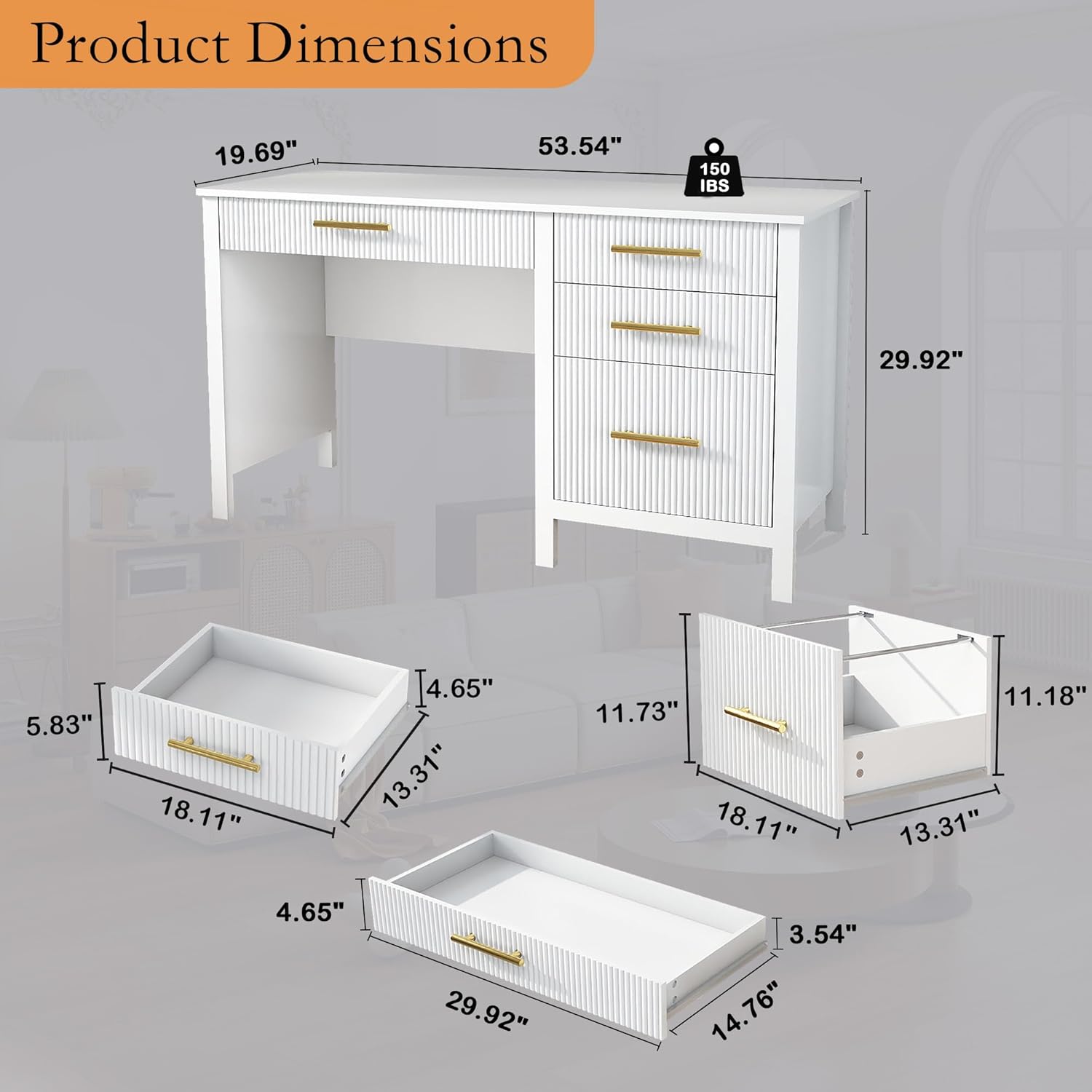 White Executive Desk with Drawers: 54" Wood Computer Desk with File Drawer, Modern Home Office Desks with Storage, Fluted Writing Desks for Working, Studying (White, 54")