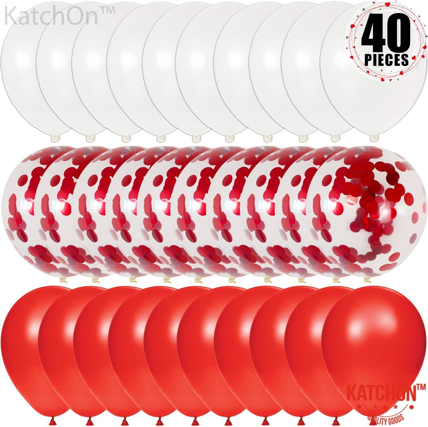 KatchOn Valentines Day Balloons Red White 12 Inch, Pack of 40 | Valentines Balloons for Valentines Day Decorations | Red and White Valentines Decor | Confetti Balloons for Anniversary Decorations