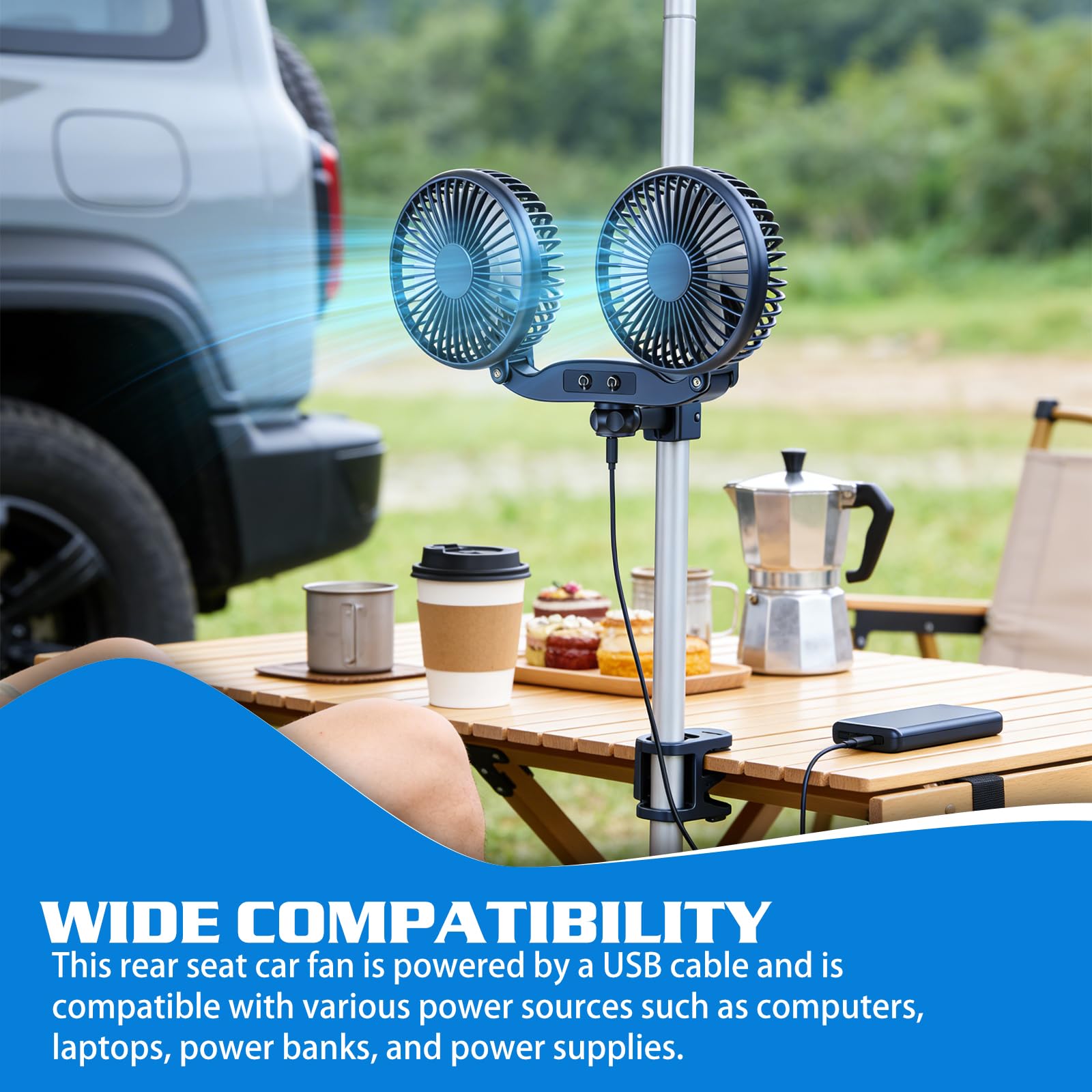 Ventilatore per auto per sedile posteriore, ventilatore USB per auto da 12V con caricabatterie per auto e cavo, ventilatore per auto a raffreddamento ad aria girevole a 360° a 3 velocità, ventilatore