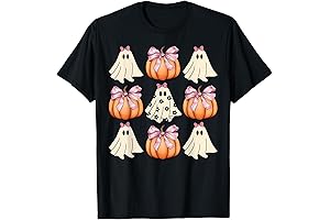 Cute Ghost Florals Pink Coquette Bows Pumpkins Halloween T-Shirt