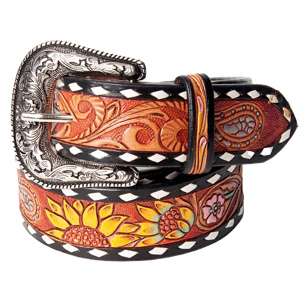 American Darling Beautifully Hand Tooled Black Genuine American Leather Belt Men and Women Western Belt with Removable Buckle