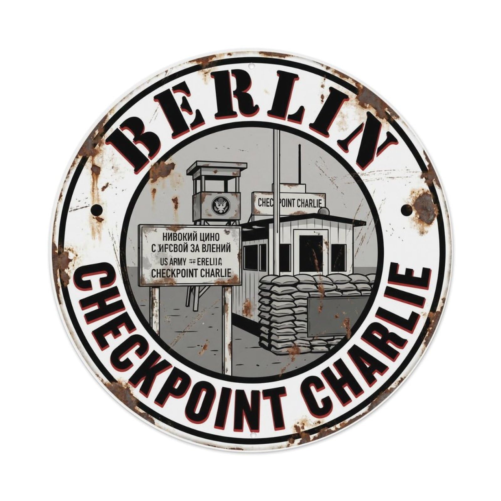 Vintage Travel Berlin Checkpoint Charlie Metal Tin Sign Plaque Wall Decor for Cafe, Club Bar, Office, Home Garden Round Metal Poster 8x8Inch