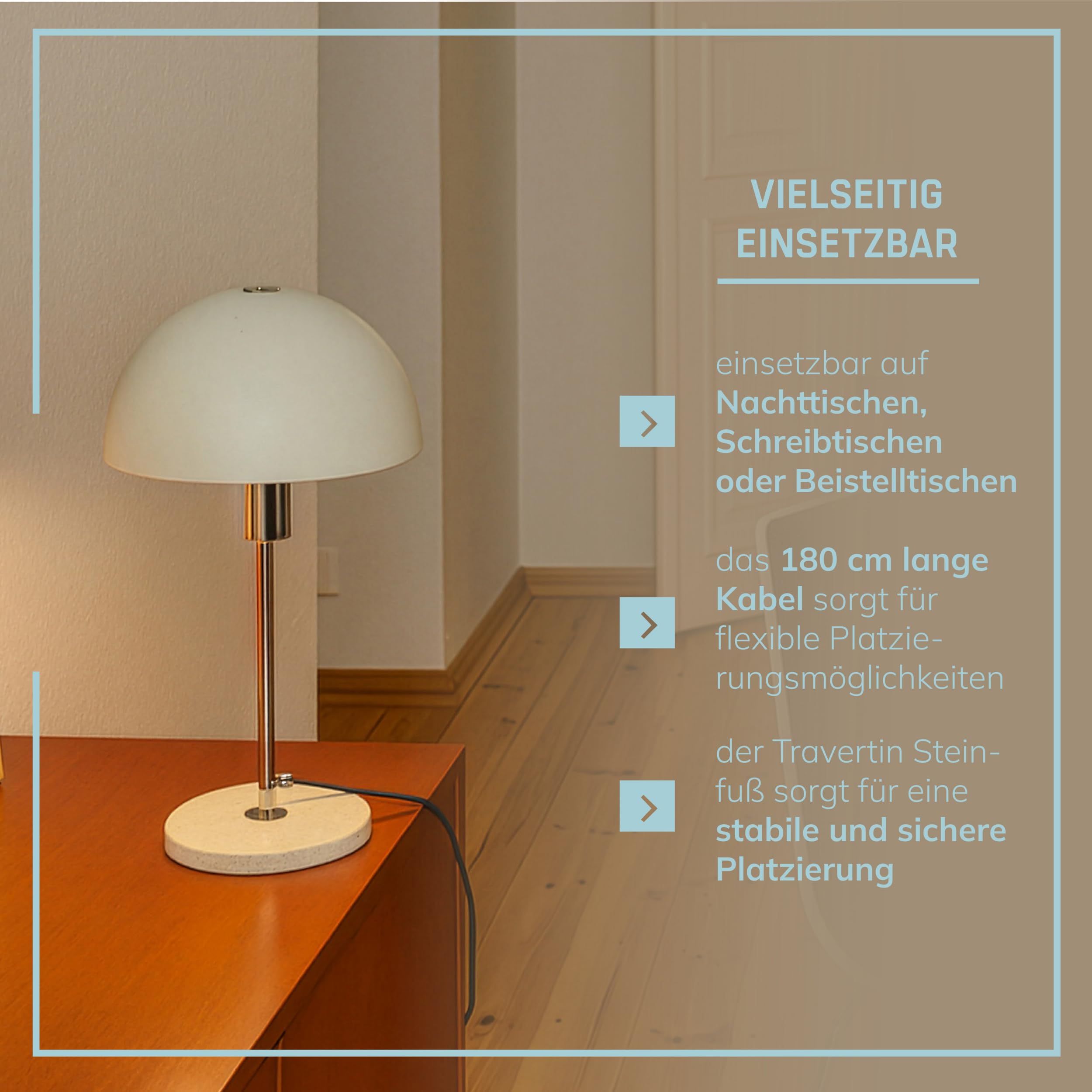 Lightbox Lampa stołowa w kształcie grzybka, wysokość 36 cm, Ø 20 cm, lampa biurkowa z przełącznikiem i podstawą z trawertyny, jako lampka nocna, akcesoria biurowe, wykonana z metalu w kolorze czarnym