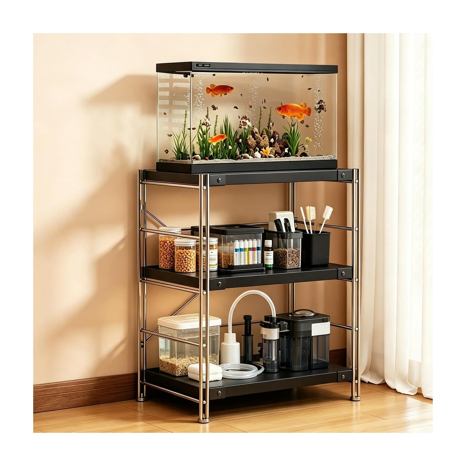 Tavolo per Acquario, Mobile Acquario, Supporta Un Carico di 150 Kg | Struttura in Acciaio E Legno; Altezza Dei Ripiani Regolabile(B,60x45x90cm/23.6x17.7x35.4in)