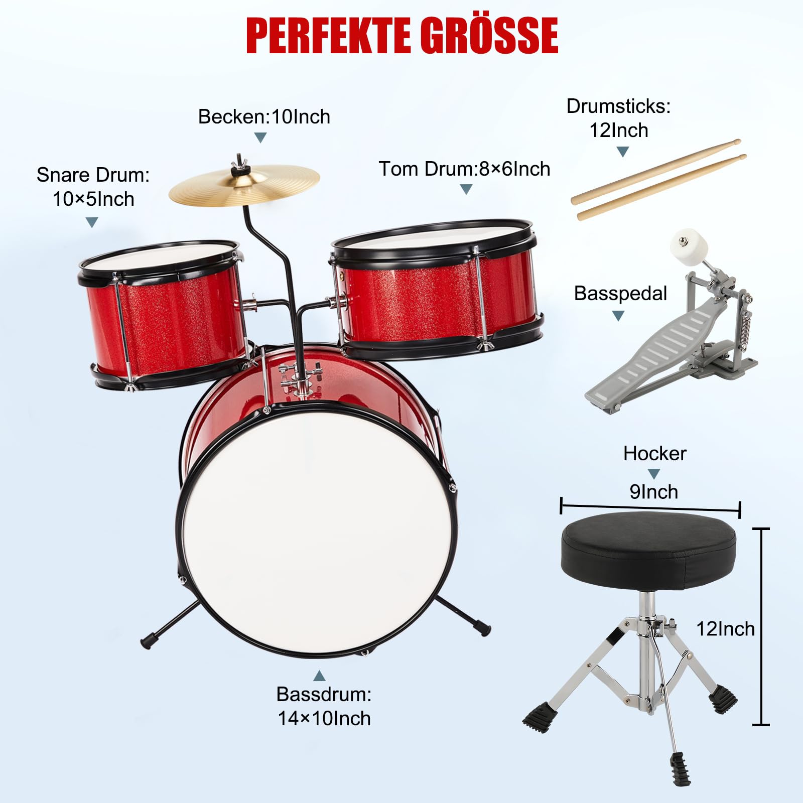 LEADZM Set di percussioni per bambini dai 3 anni in su, con sgabello, pedale per grancassa e 2 bacchette, bacino, Tom e rullante (rosso)