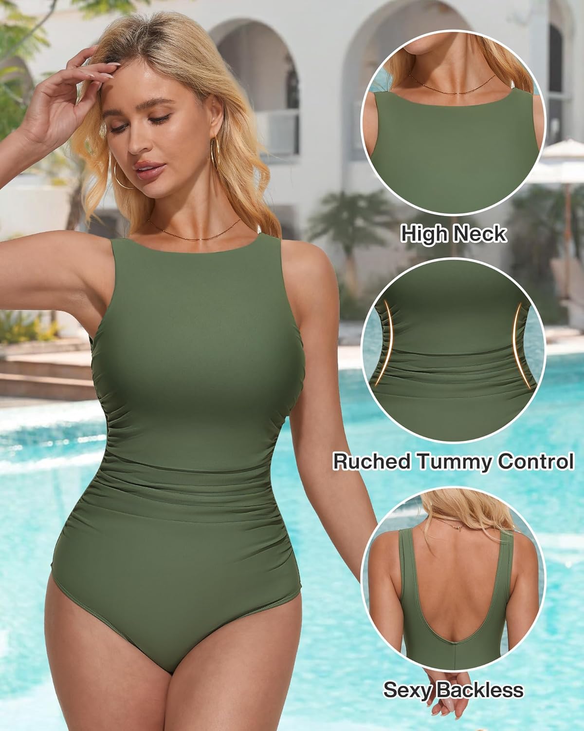 SUUKSESS Women One Piece Ruched Swimsuit Tummy Control Backless Bathing Suit - Image 4