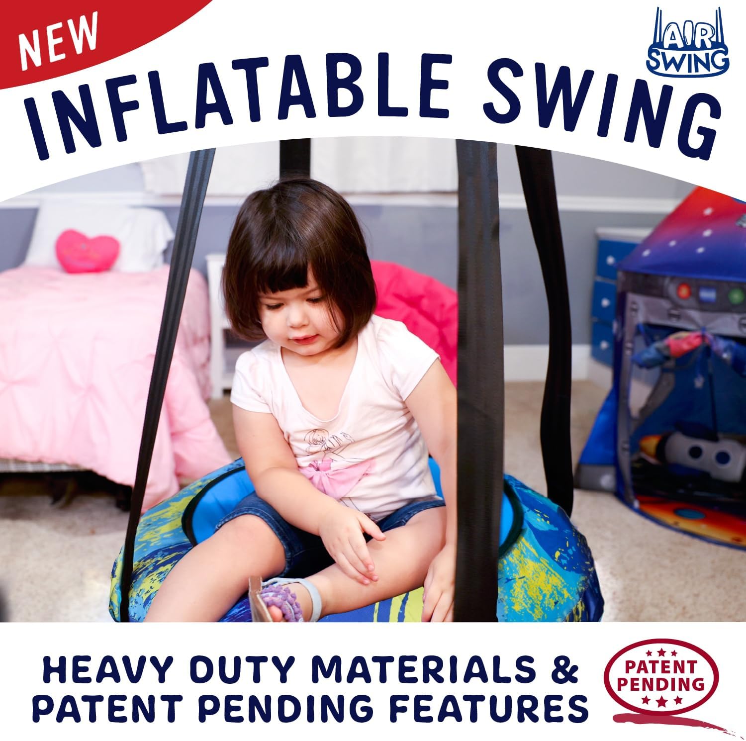 Durable 26” AIR Swing Safe Round Outdoor Saucer Tree Swing for Toddlers & Kids - Ideal for Backyard, Indoor Playroom, Playset, or Treehouse - Adjustable 360 Rotation & Regular Modes - Blue/Yellow