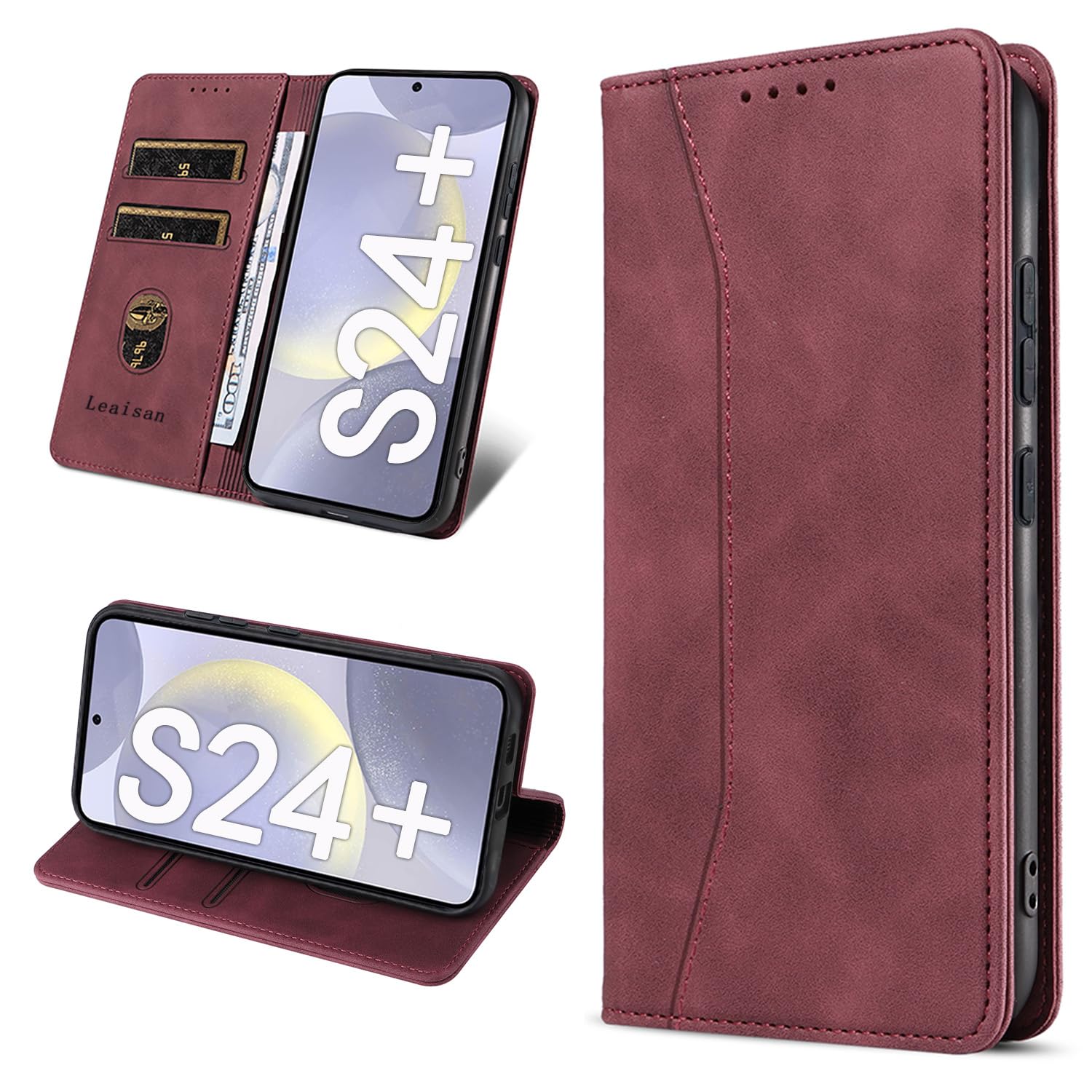 Leaisan Handyhülle für Samsung Galaxy S24 Plus/S24+ Hülle Premium Leder Flip Klappbare Stoßfeste Magnetische [Standfunktion] [Kartenfächern] Schutzhülle für Samsung S24 Plus 5G Tasche - Wein Rot