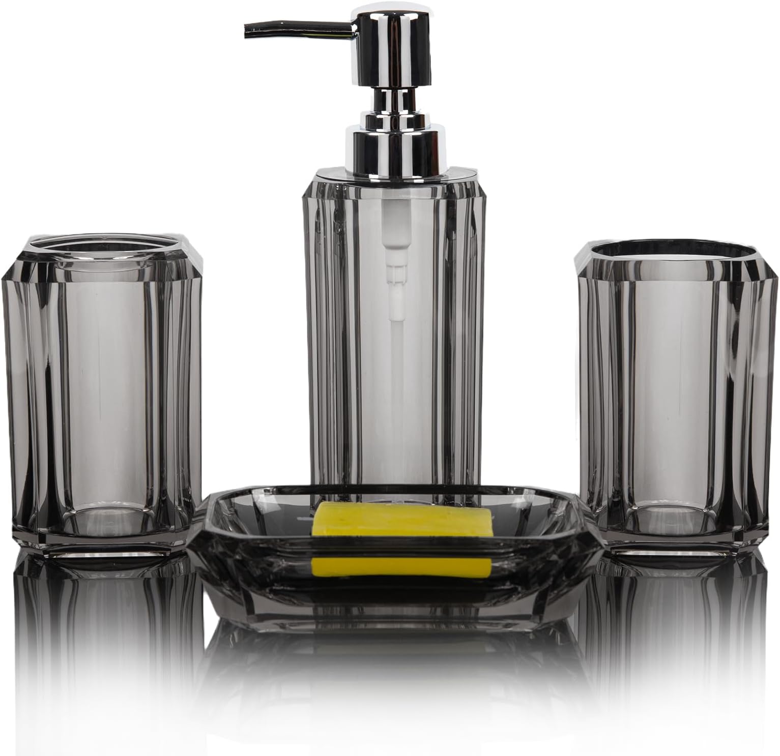 4-Piece Modern Gray Bathroom Accessories Set — Soap Dispenser, Soap Dish, Mouthwash Cup & Toothbrush Holder, Glossy Acrylic with Gray Finish, Vanity Countertop Organizer
