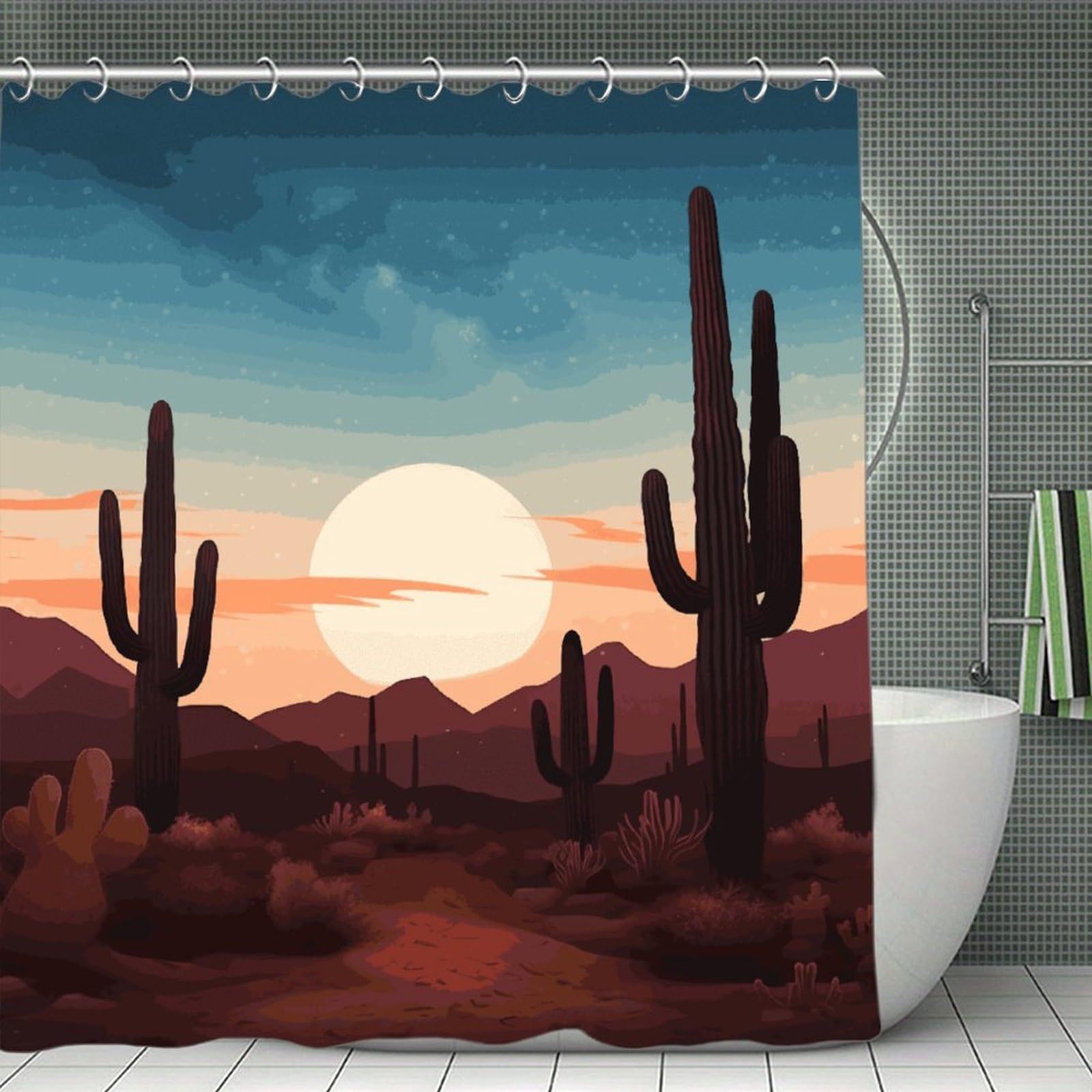 QMNLKH Desert with Cactus Shower Curtain with Hooks, Waterproof Bath Curtains for Bathroom, Lightweight Bath Curtains Liner for Hotel, Personalized Bath Curtain for Spa, 70.8 Inch
