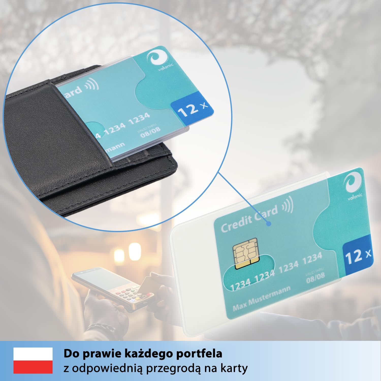 valonic osłona karty - 12 sztuk, wytrzymały plastik, wycięcie na otwór - matowa, przezroczysta - osłona do kart kredytowych i kart EC