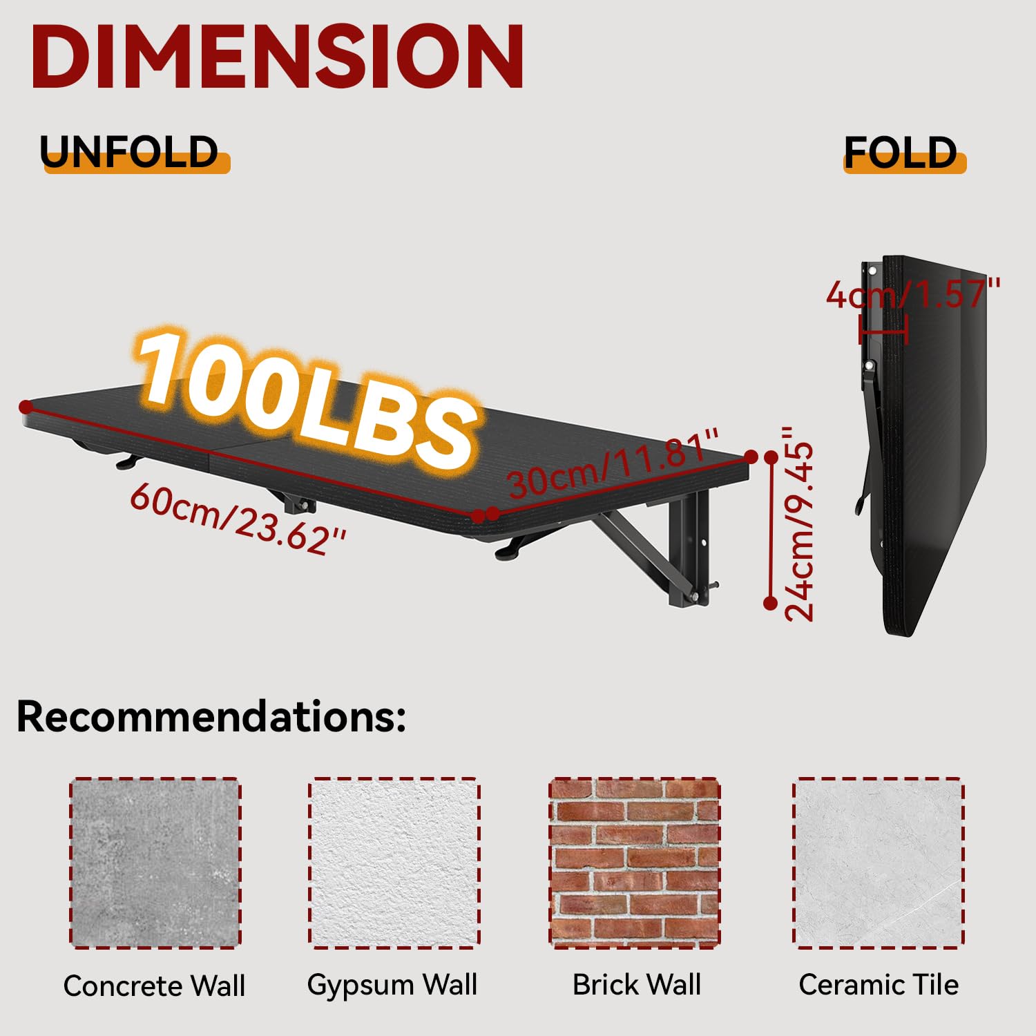 IBUYKE Mesa Plegable de Pared, Ahorra Espacio, Multifuncionales Escritorio de Ordenador, 60 * 30CM,Mesa Plegable para Hogar, Comedor, Cocina, Bar, Negro TVT005B