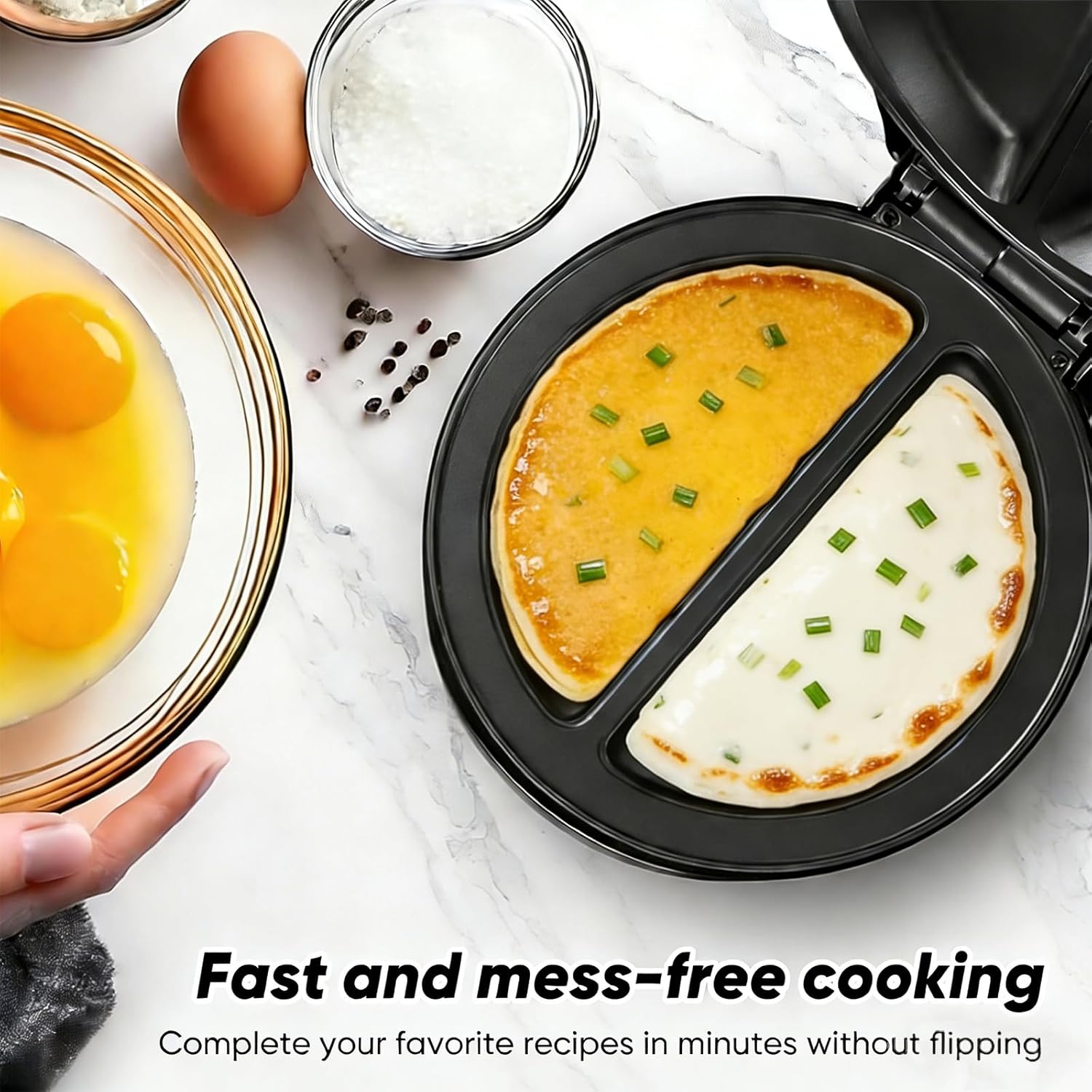 Dual-Zone Electric Omelette Maker, 1000W Rapid Double-Sided Egg Cooker with Non-Stick Plates, with Indicator Lights, Non-Slip Base Anti-Scald Handle Quick & Easy, No Flipping & Stove (1Pcs)