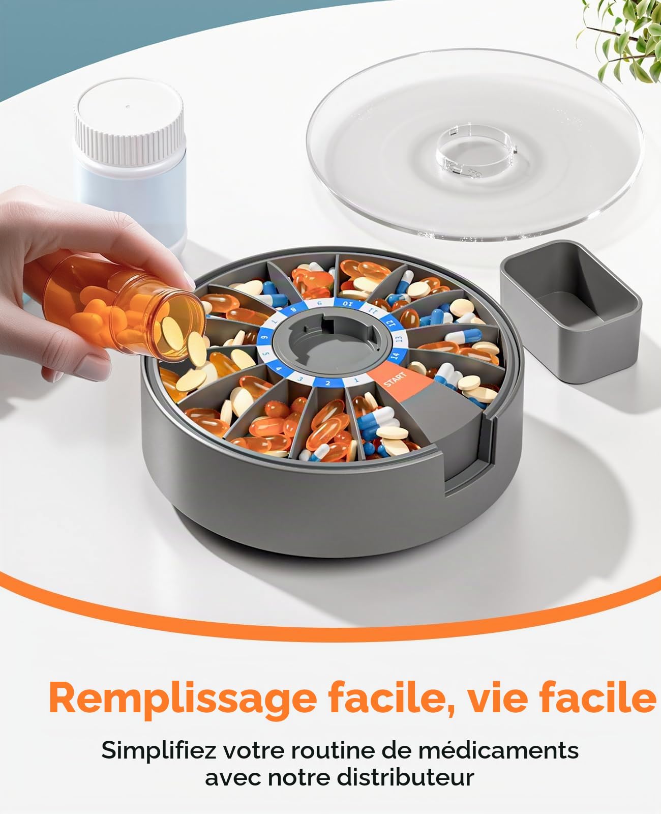 Daviky Grand pilulier quotidien avec fixation murale ou debout, design à bouton-poussoir, pour vitamines, médicaments, compléments, huile de poisson (gris)