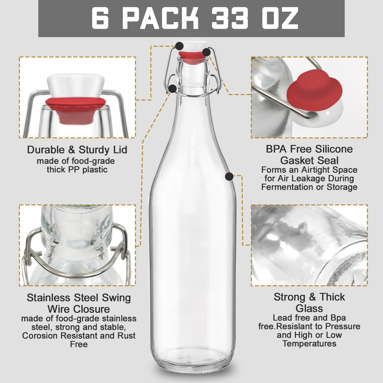 6 Pack 33 oz 1000ml flip top glass bottles with swing lids sealing stoppers rotundity airtight leakproof clear perfect for beverages oils vinegar kombucha beer water soda kefir
