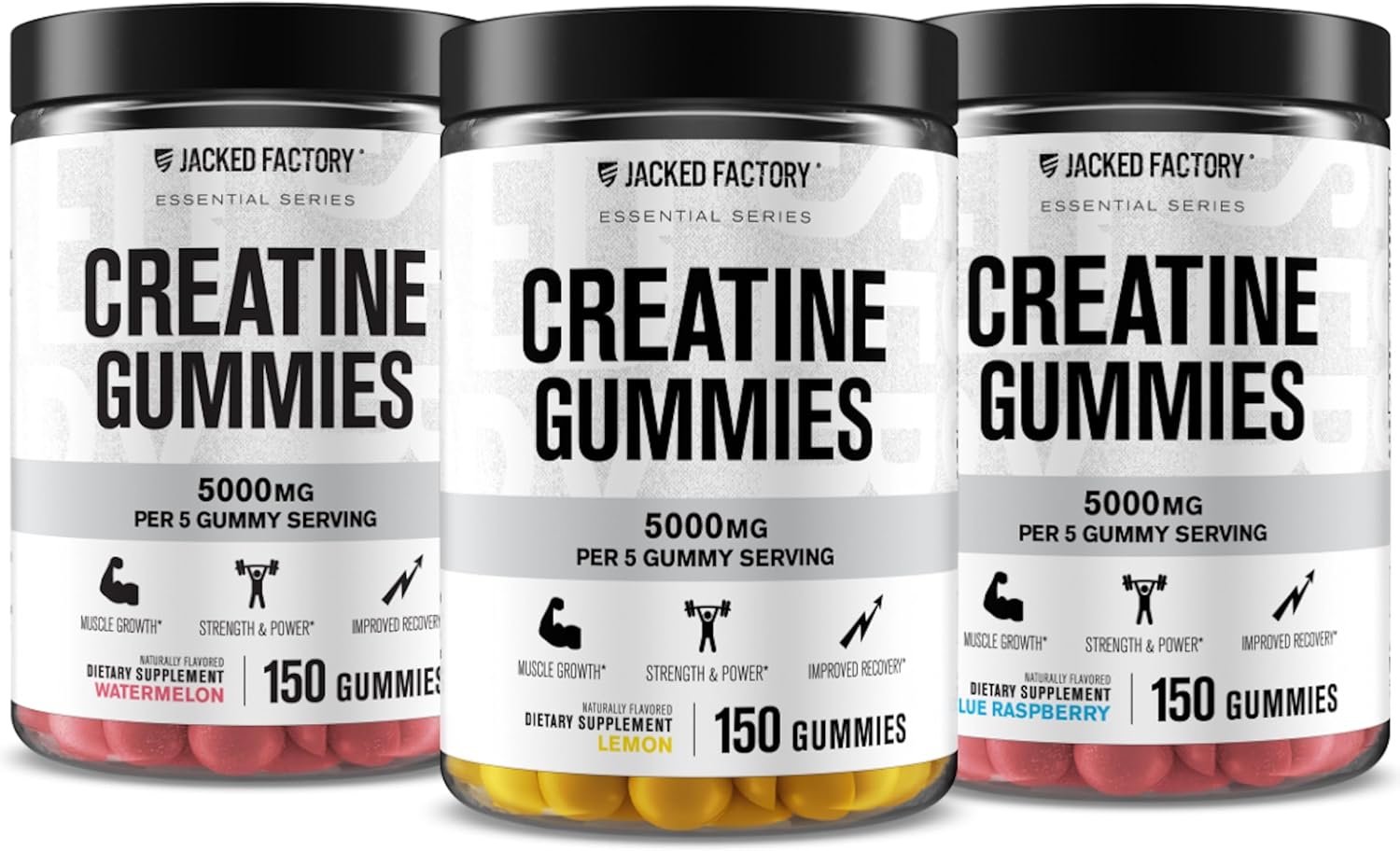 Jacked Factory Creatine Monohydrate Gummies 5g Daily Dose - Creatine Gummy for Men and Women, Vegan-Friendly, Travel-Friendly, Third-Party Tested - 150 Gummies - Blue Raspberry, Watermelon, & Lemon
