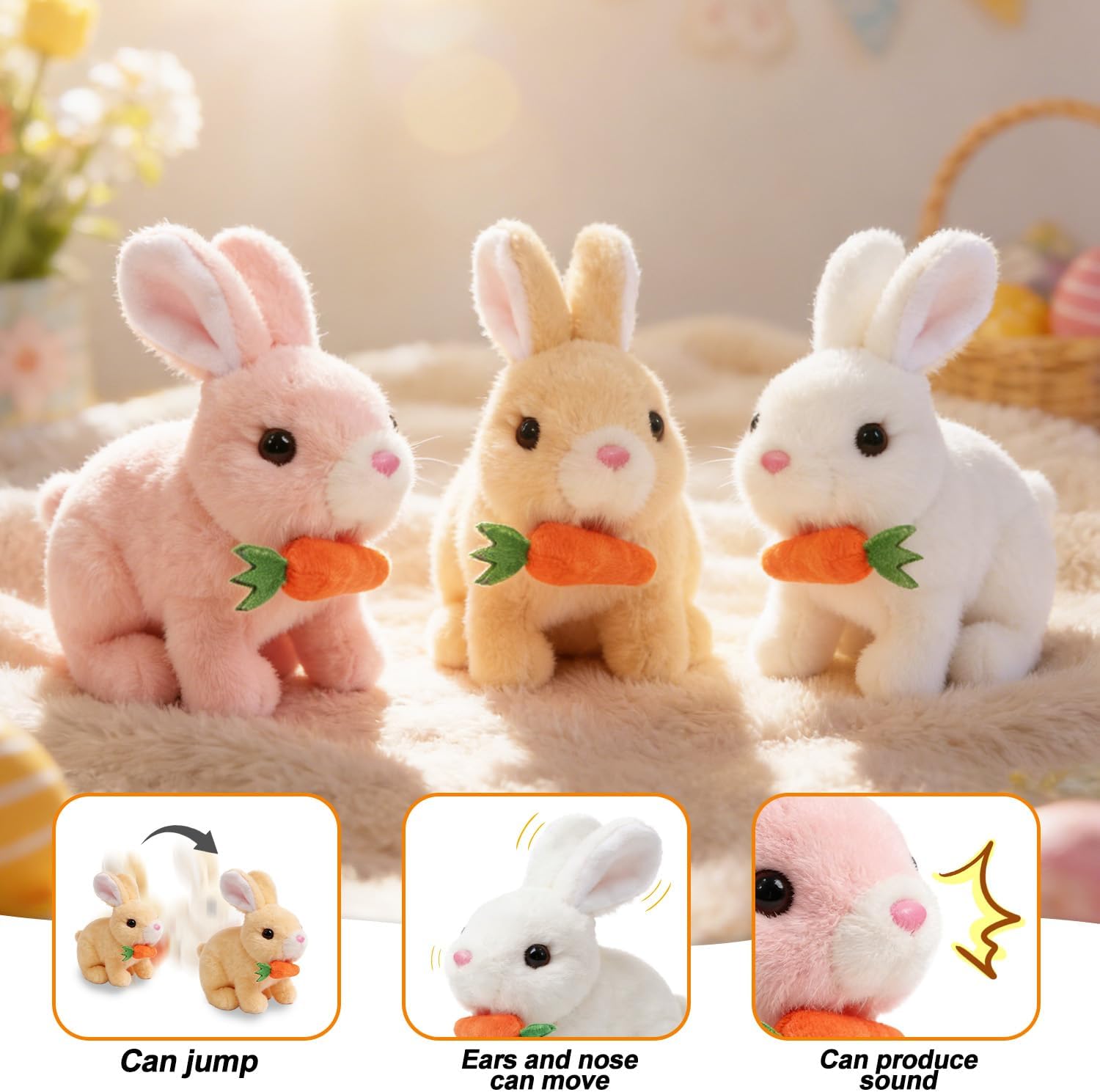 Realistic Bunny Toy,Interactive Hopping Rabbit Plush Toy, with Lifelike Movements, Walking, Sounds & Twitching Nose, Soft Stuffed Animal Easter Gift for Toddlers Kids (Brown)