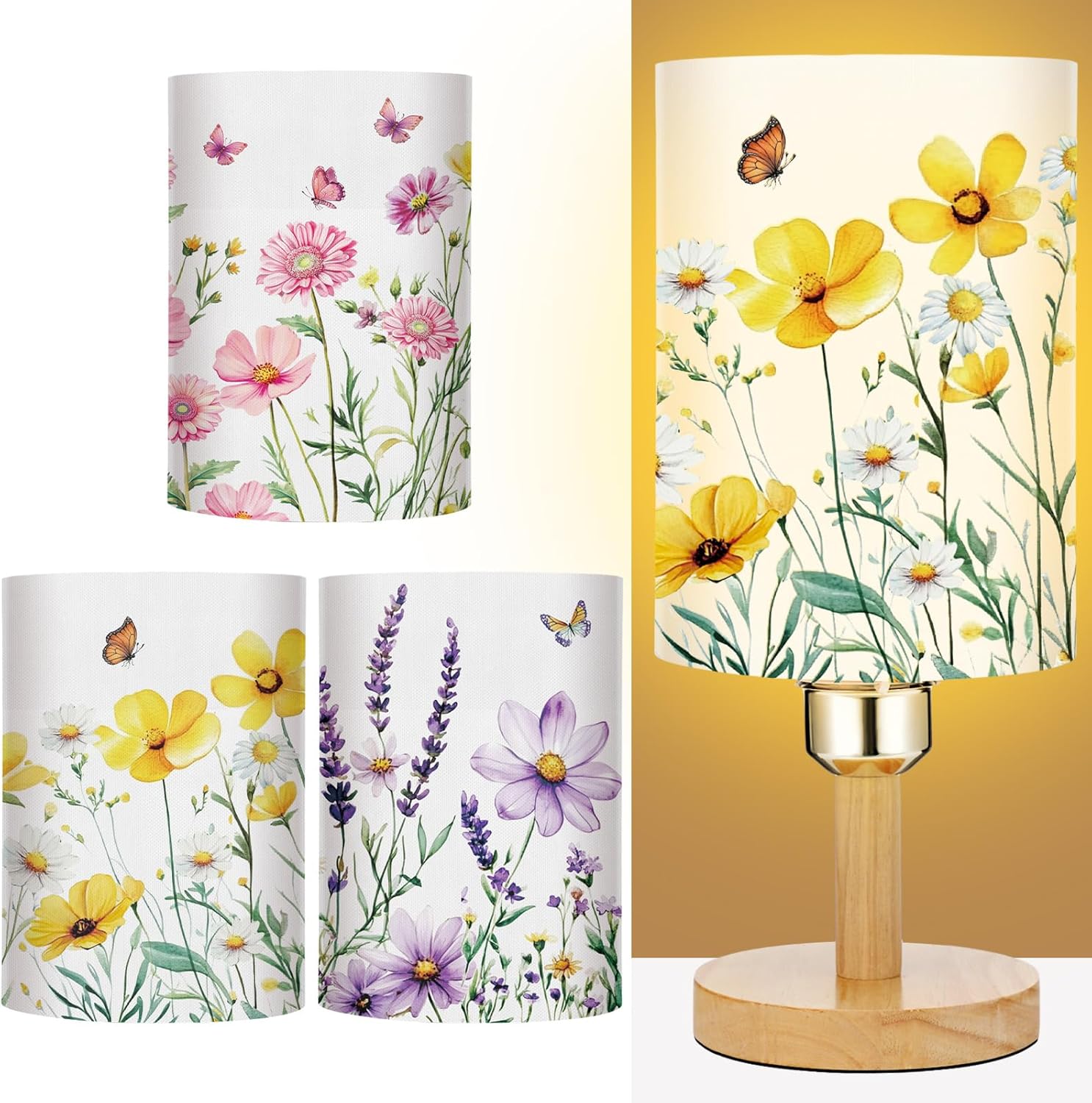 Tujoe 3 Pcs Spring Flower Bedside Lamp Cottage Core Decor with 3 Interchangeable Fabric Shades Nightstand Lamp Rustic Decorative Night Light for Reading Bedroom Desk Birthday Gift for Boys & Girls