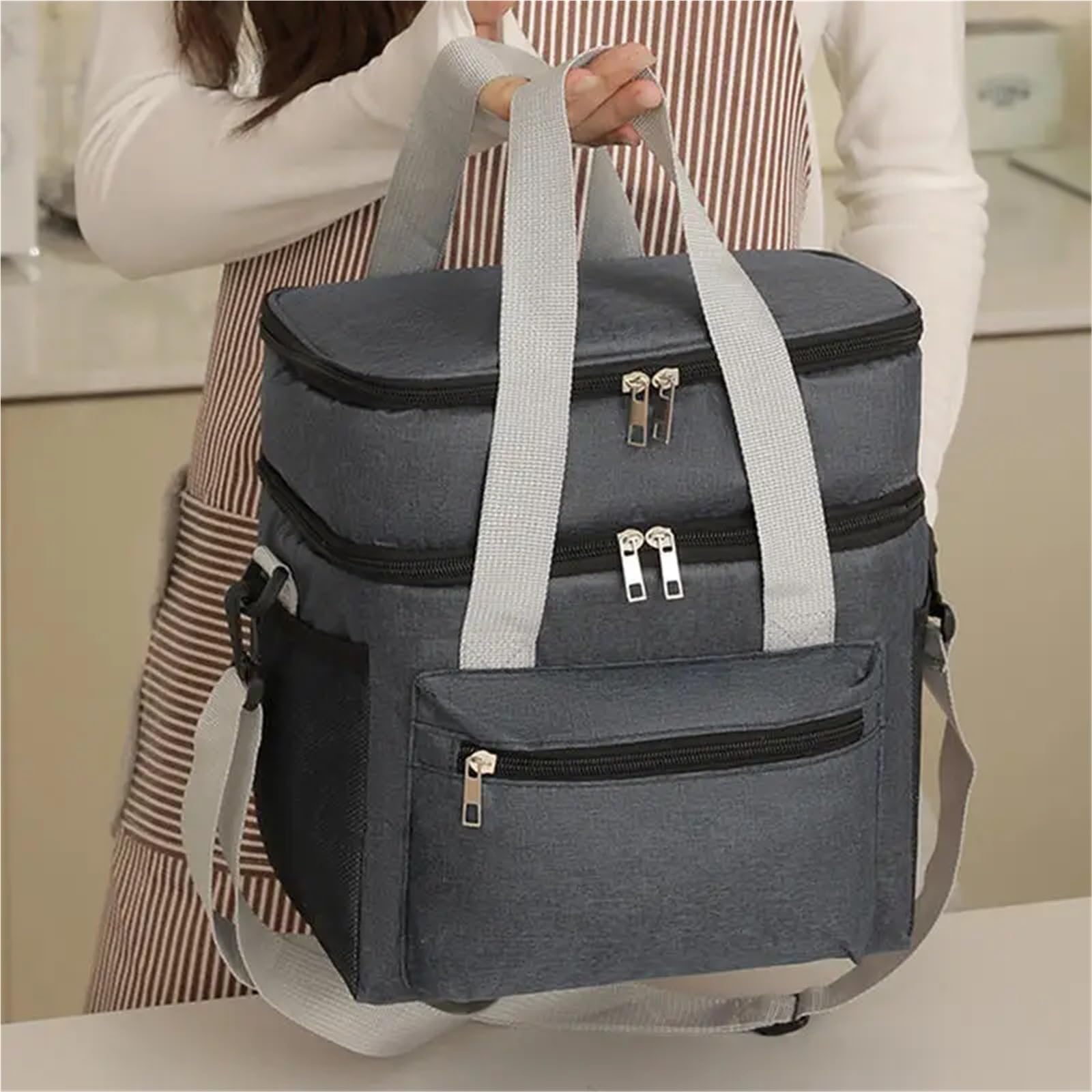Borsa frigo Borse da pranzo multifunzionali a doppio strato for donna e uomo Scatola picnic viaggio di grande capacità con tracolla per Esterni(Black)