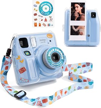 Fuji Mini SE Clear Case, Hard PC Protective Case for Instax Mini SE Instant Camera with Cute Cartoon Sticker & Adjustable Shoulder Strap - Blue Beach Sea