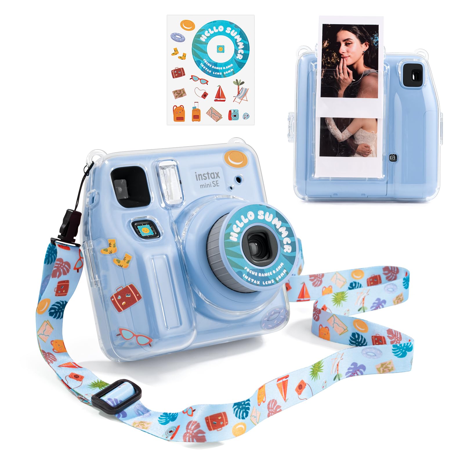 HIYQIN Fuji Mini SE Clear Case, Hard PC Protective Case for Instax Mini SE Instant Camera with Cute Cartoon Sticker & Adjustable Shoulder Strap - Blue