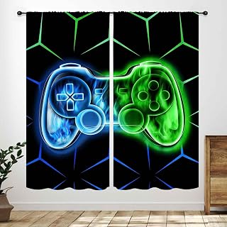 Kids Gamer Curtains for Bedroom,Modern Green Blue Flame Video Game Graffiti Game Controller Window Treatment Drapes for Boys Teen Bedroom Living Room Playroom 2 Panels,42X63 Inch