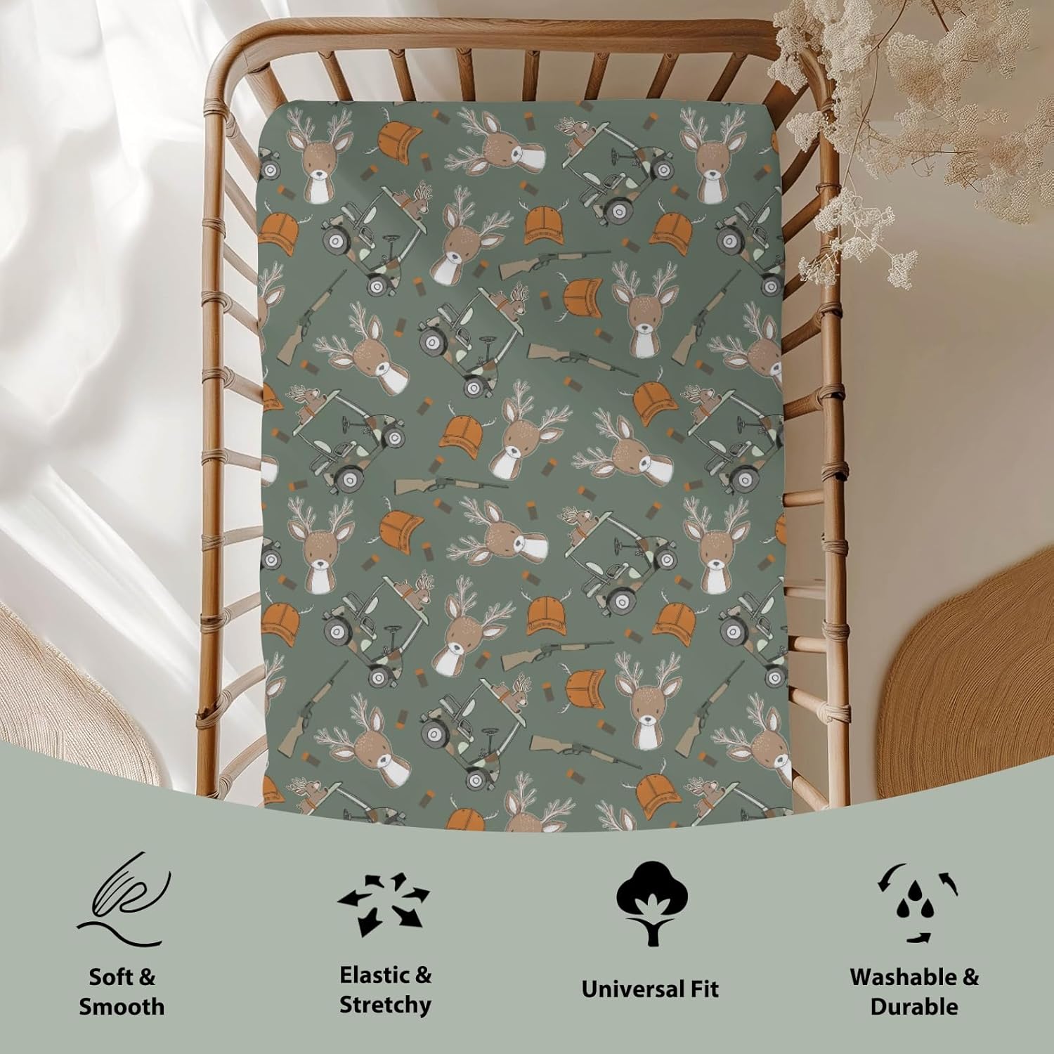 Green Boys Kids Hunting Baby Crib Sheets for Boy 52"x28" Camouflage Deer Hunting Soft Snug Fitted Crib Mattress Cover Animal Hunt Hunter Nursery Baby Sheet for Standard Crib & Toddler Bed Mattress