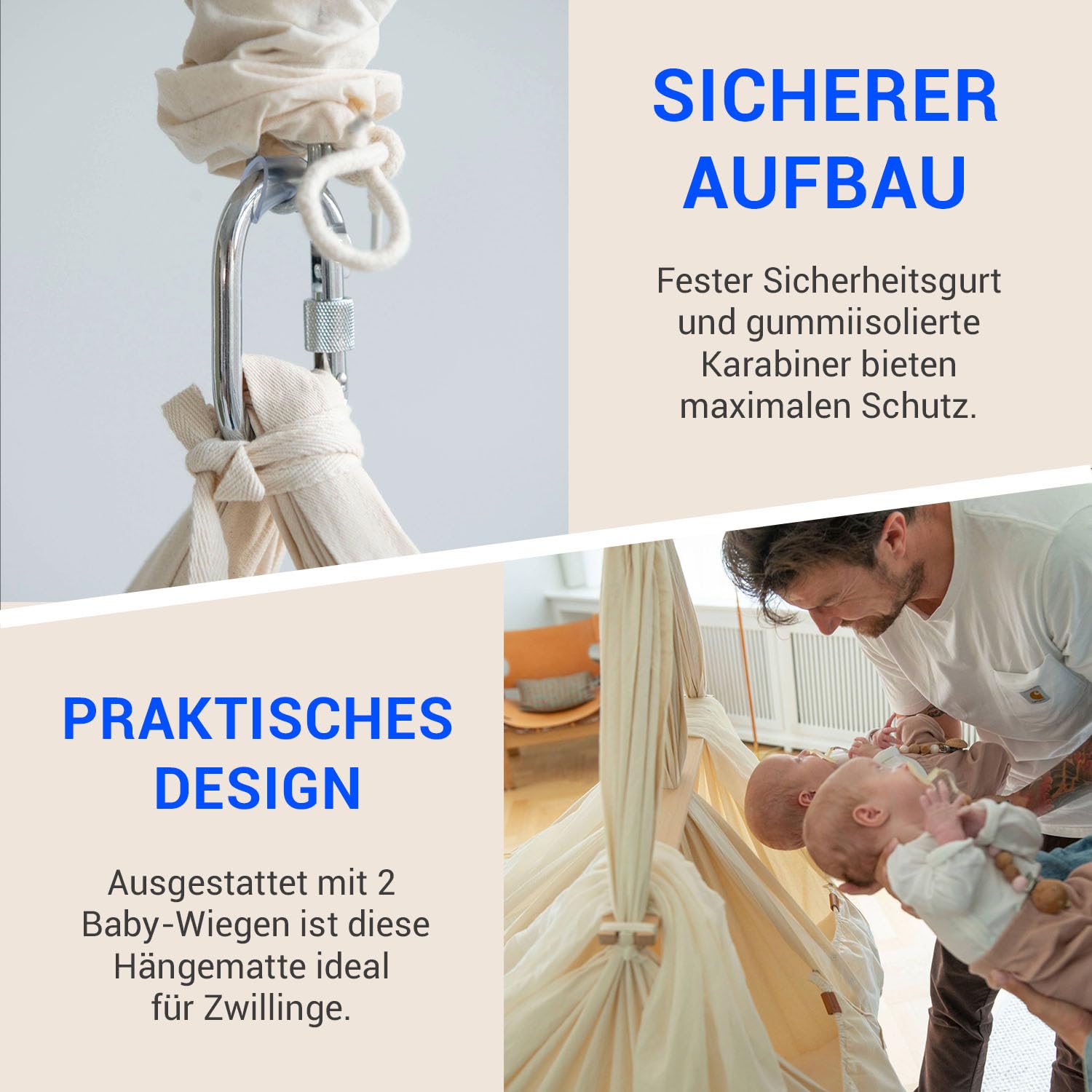 Federwiege Baby für Zwillinge - Baby-Wiege aus Bio-Baumwolle - Baby-Hängematte inkl. Feder - Baby-Stoffschaukel Plus Matratze und Baldachin - Baby-Hammock bis max. 15 kg - Natur