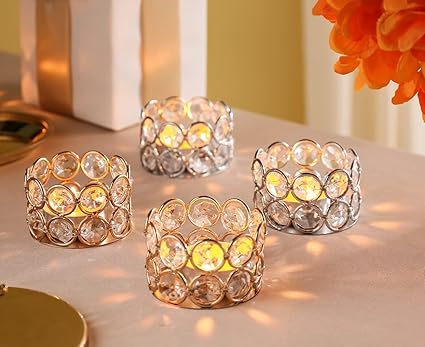 CentraLit Crystal Tealight Candle Holder for Home Decoration, Diya Diwali Decoration Items,Handcrafted Decoration Item Small T Lites Votives - Return Gift - Table Decoration (Gold (Pack of 4))