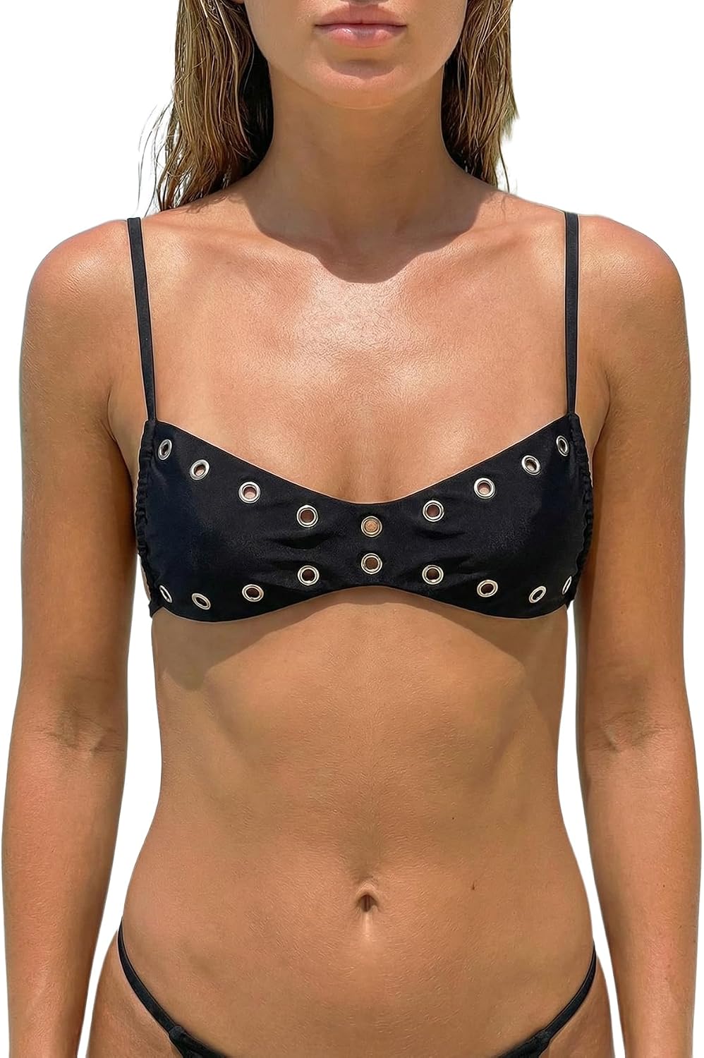 SHENHE Women's Goth Punk Grommet Eyelet Bikini Top Scoop Neck Tie Back Y2k Bathing Suit Top Only