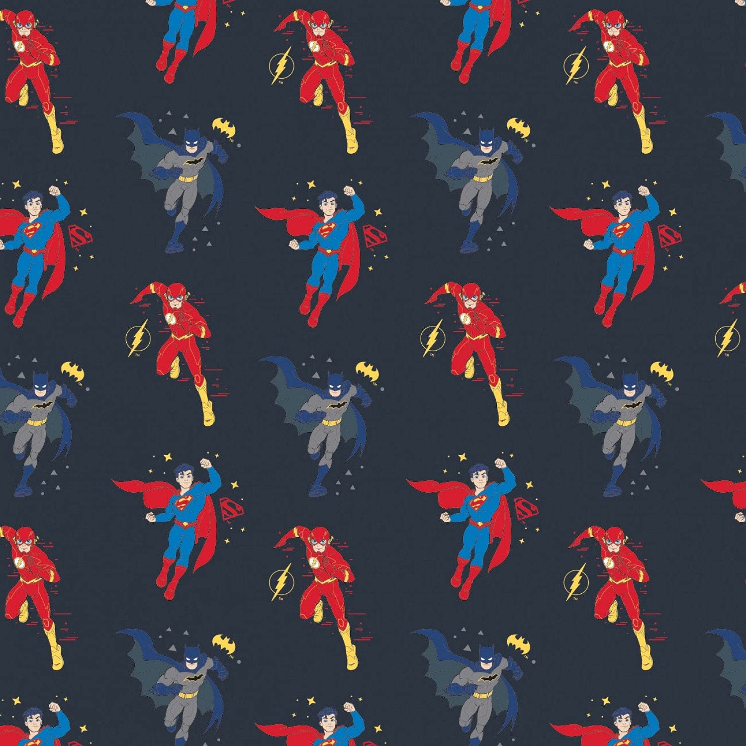 DC Comics Fabric Young DC Justice League Boy Heroes in Indigo Premium Quality 100% Cotton Fabric by The Yard