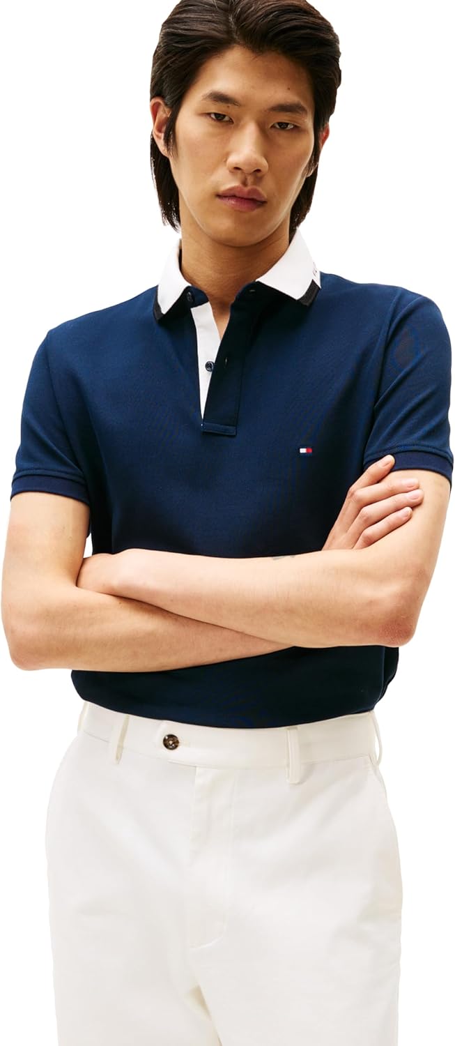Tommy Hilfiger Men's Short Sleeve Casual Dri Fit Polo Shirts in Regular Fit with Stretch and Graphic Collar Detail