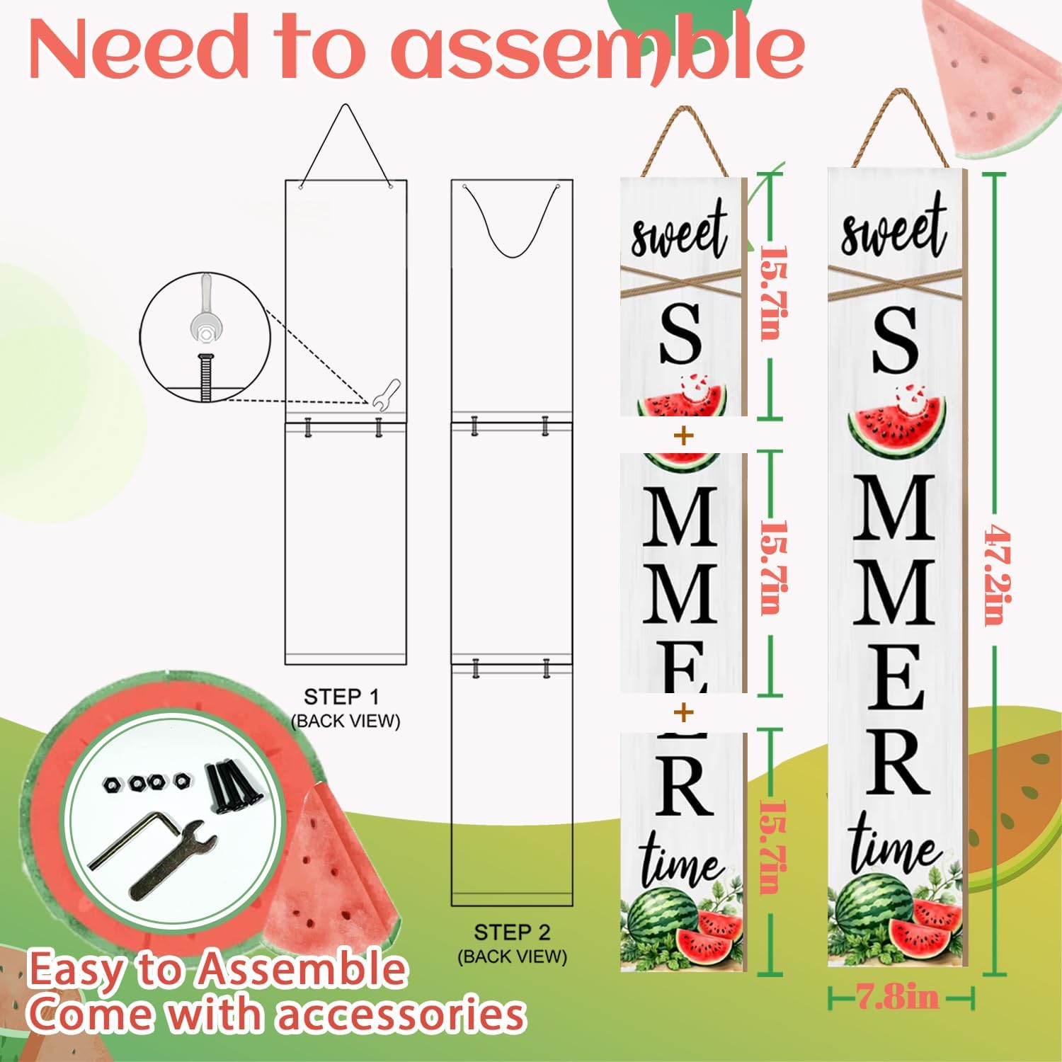 Summer Watermelon Porch Sign Sweet Summer Time Welcome Sign For Front Porch, Cute Fruit Home Decor Welcome Sign for Indoor Outdoor Garden Wooden Vertical Sign For Patio Front Door Wall Yard