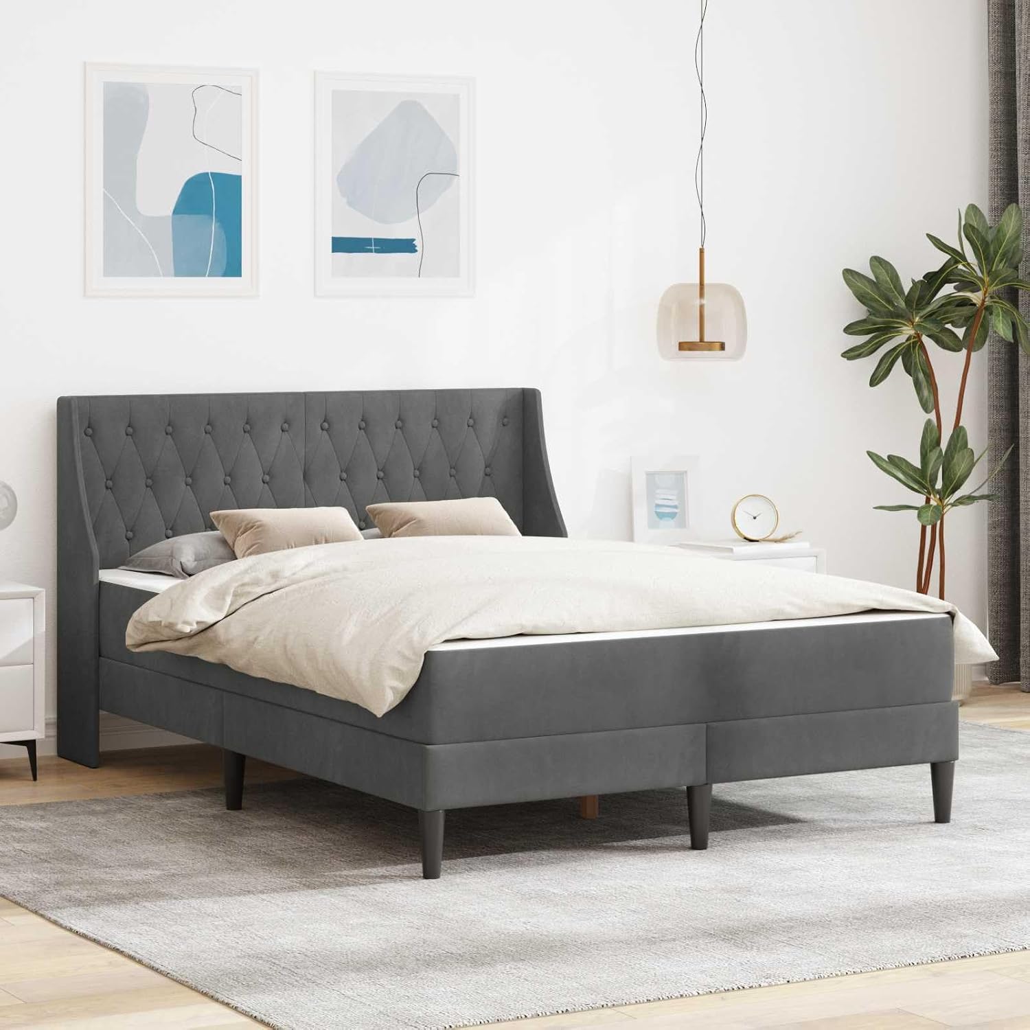 Bed Frame with Mattress Dark Grey Velvet Plush Upholstery 75.59 x 55.51 in Sturdy Platform with Slatted Foundation and Headboard for Modern Bedroom Storage and Support