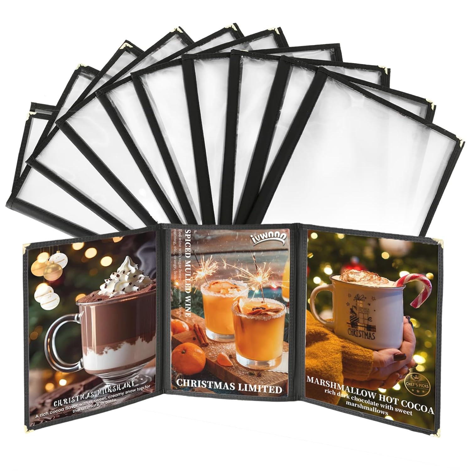 8.5 x 11 Inch Menu Covers 10 Pack Double Stitched Menu Sleeves 4 Pages / 8Views Menu Holder Crystal Clear Vinyl Protection Easy-Insert Design for Bar Cafe Restaurant Menu Covers