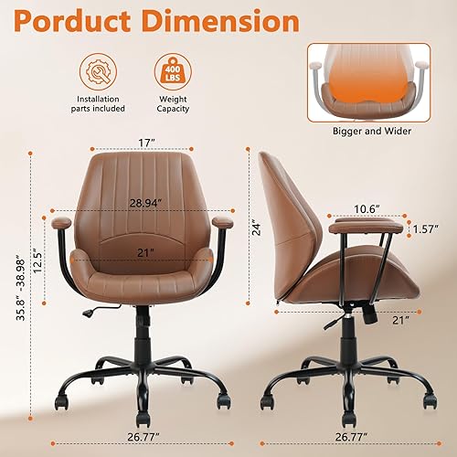 Miniatura 2 de CLATINA Silla de oficina de cuero marrón con ruedas y brazos, silla ergonómica de escritorio para el hogar con soporte lumbar, sillas de trabajo