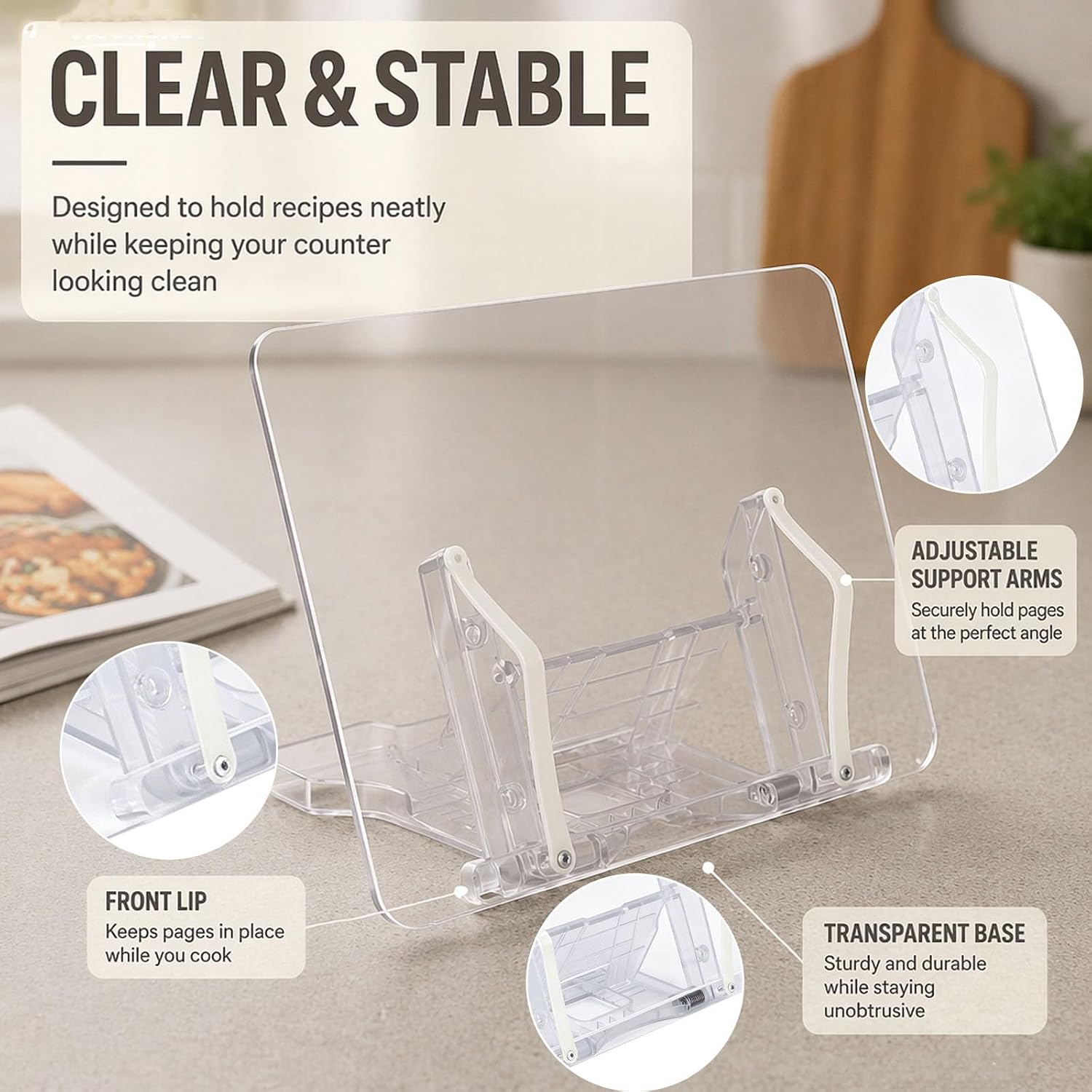 Clear Acrylic Cookbook Stand for Kitchen Counter, Adjustable Recipe Book Holder with Silicone Page Clips, Reading Stand for Tablet, Textbook, Music Sheet, Desk, Cooking and Studying