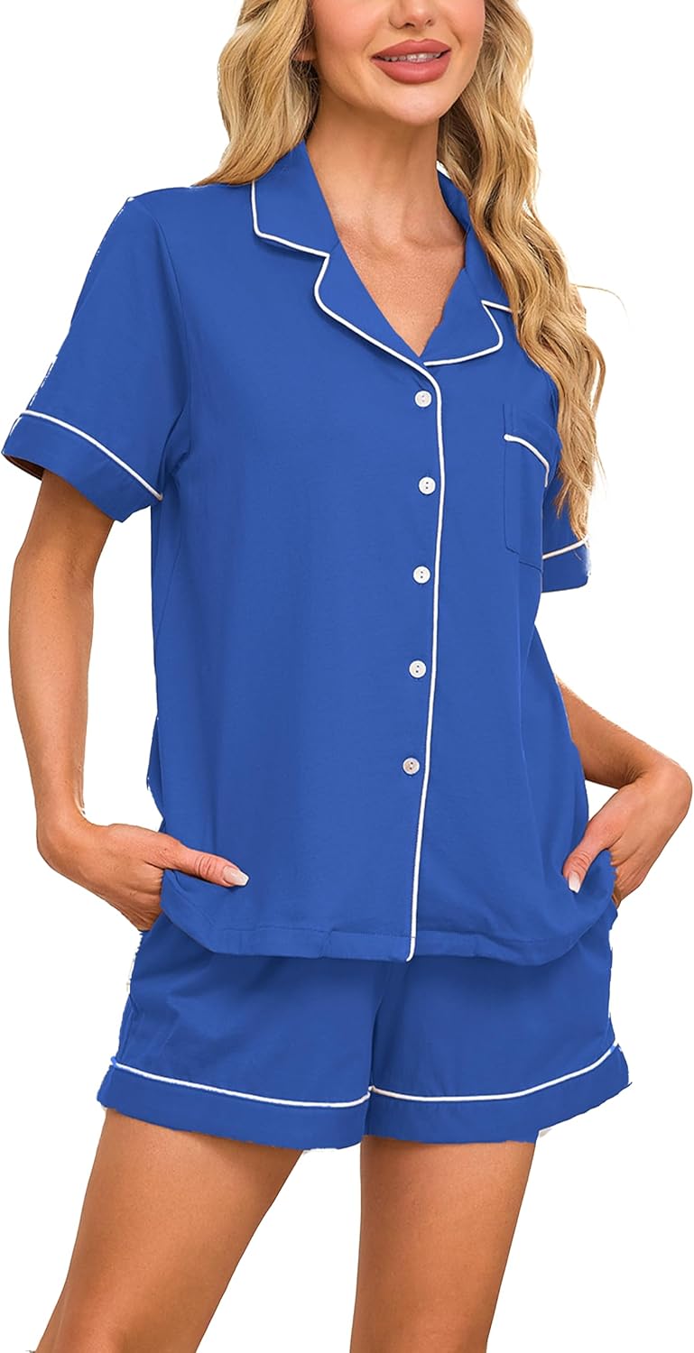 CF 100% Cotton Short Pajama Set Soft Button Down Pajamas Set Short Sleeve Sleepwear and Shorts with Pockets