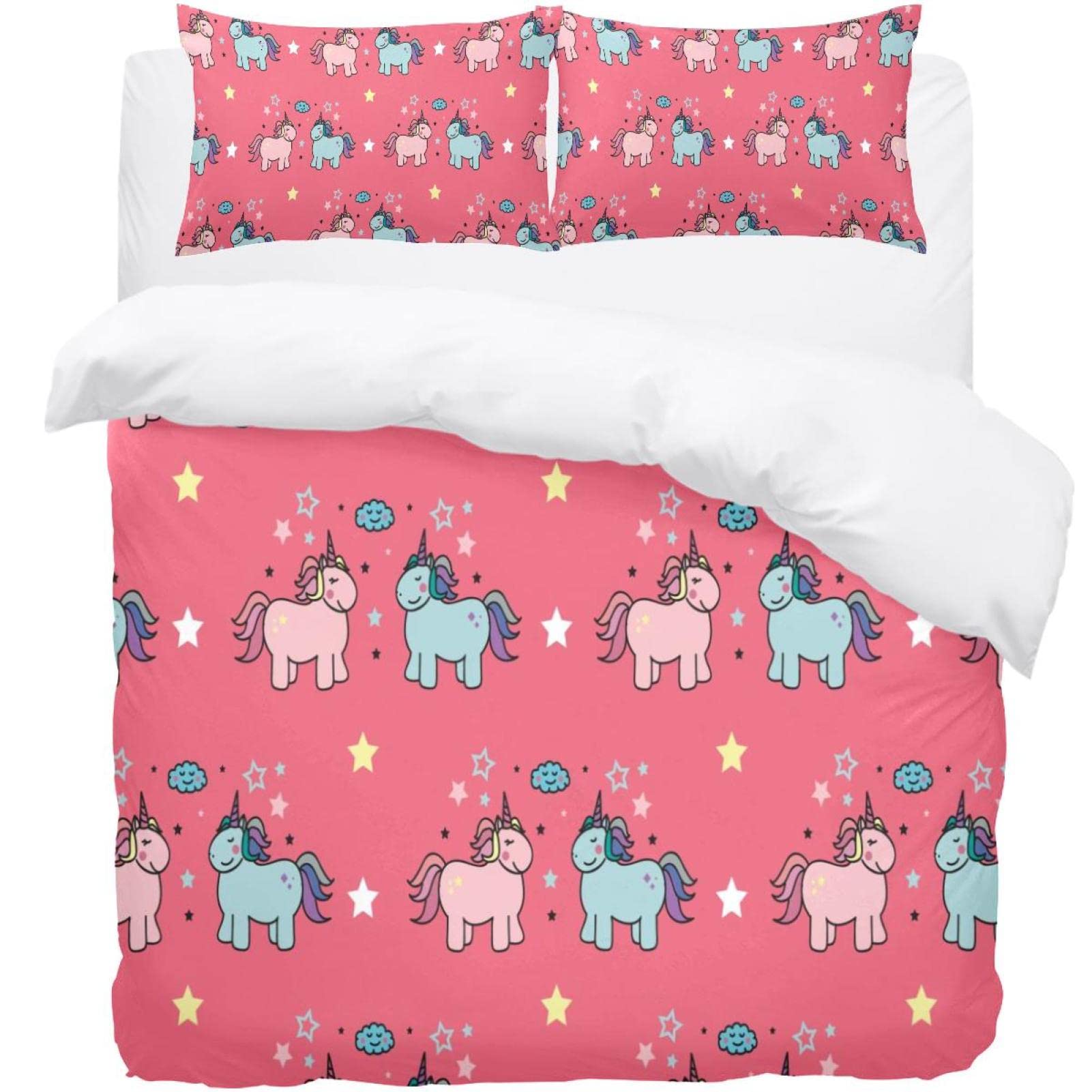 Parure de lit housse de couette licorne rose et 2 taies d'oreiller