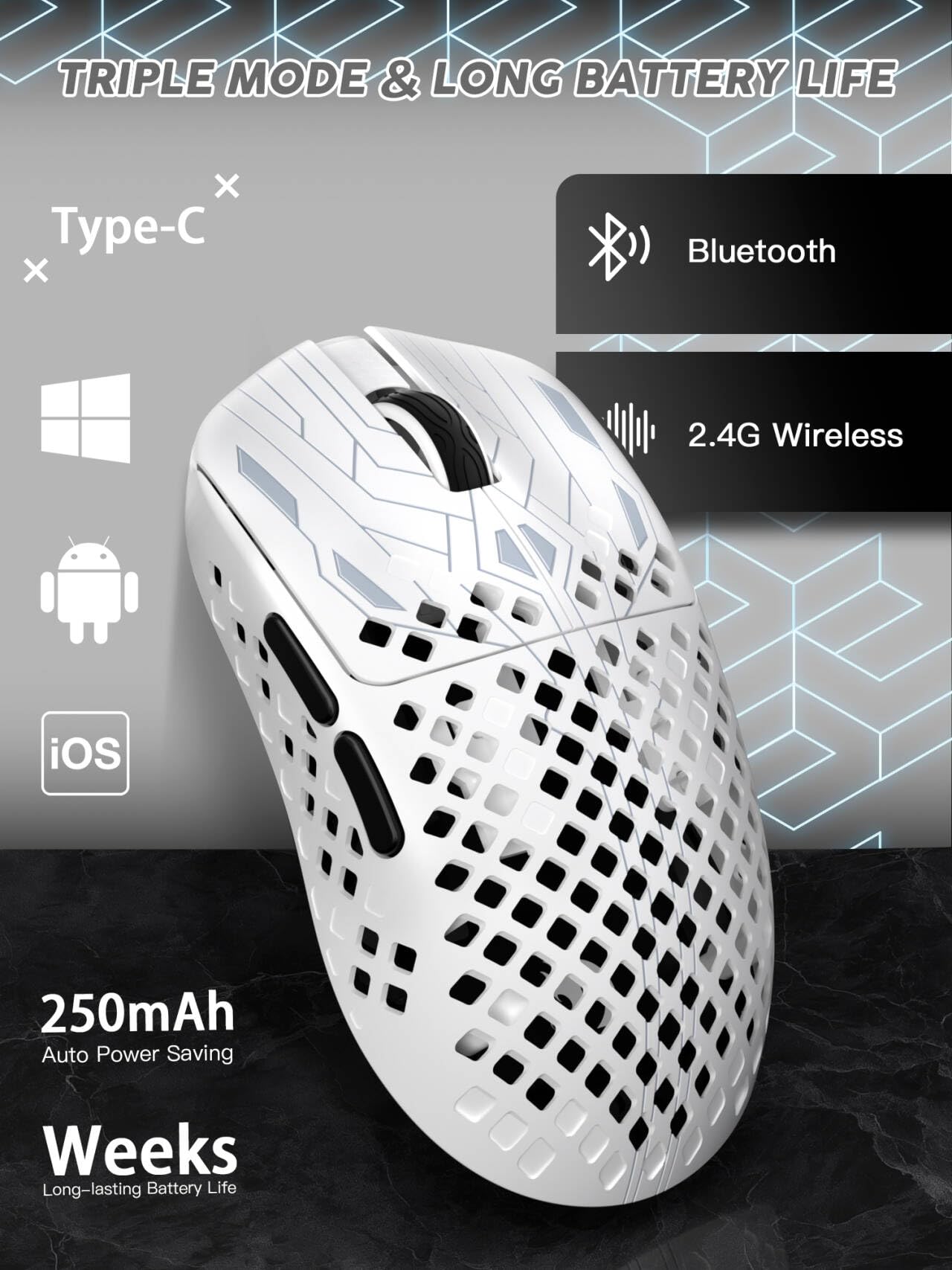 MAMBASNAKE M2 Ultra-Lightweight Wireless Gaming Mouse, PAW3395PRO Sensor 40000 DPI, 41g Carbon Fiber, Mouse Coiled Cable, Tri-Mode 2.4G/Bluetooth/Wired, 100M Clicks, Cloud Driver, Ergonomic Design - 4