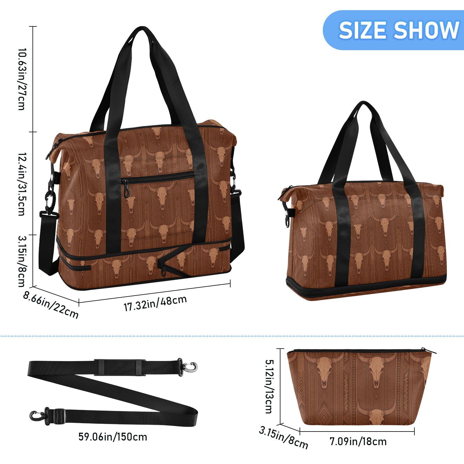Western Boho Bull Skull podróżne torby marynarskie z mokrą kieszenią regulowany pasek sportowa torba na siłownię składana dla mężczyzn kobiet