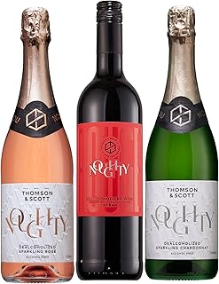 Thomson & Scott Noughty Wine Sampler Bundle, 1 Sparkling Rosé + 1 Sparkling Chardonnay + 1 Red, Dealcoholized Non Alcoholic Wine, Medium Sweetness, Organic, <0.5% ABV, 750ml Bottle, 3 Pack