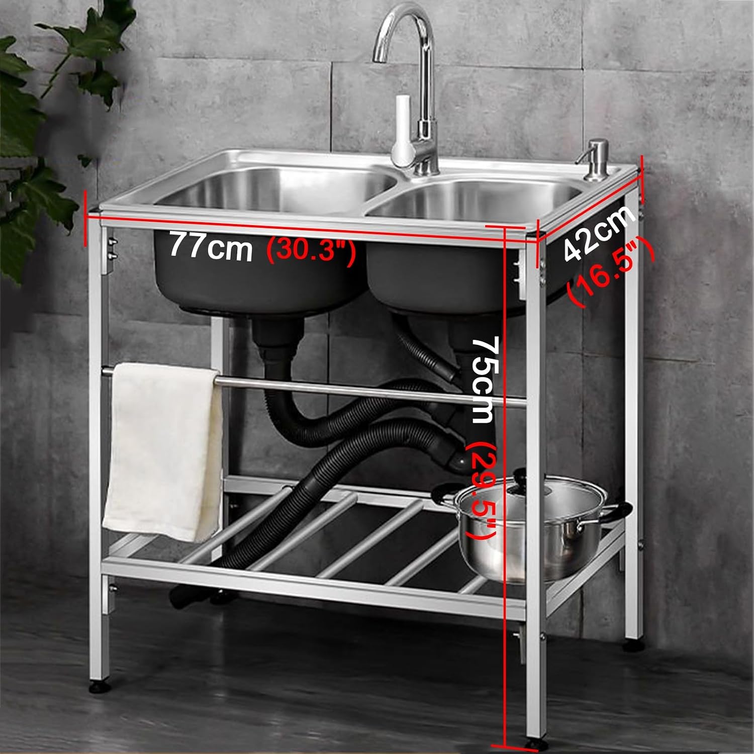 Stainless Steel Sink Double-bowl Kitchen Sinks with Bracket Commercial-grade Adjustable Legs Reinforced Beam Large Opening Ample Storage Space(30.3x16.5x29.5")