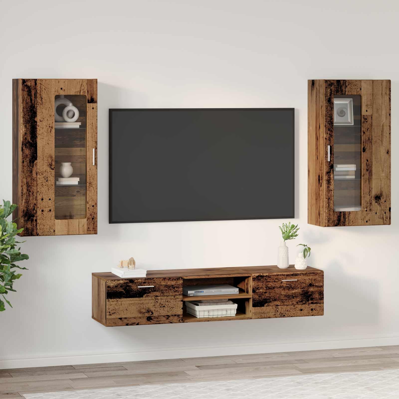 Florin - Set di 3 mobili per TV con cassetti, in legno anticato, per soggiorno, scaffale basso, portaoggetti moderno per la famiglia